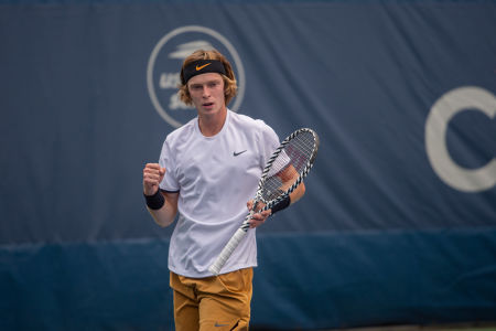 Andrey Rublev reacts to winning a point during his first round Citi Open match against Peter Gojowzcyk. — ATP World Tour — ATP World Tour, T