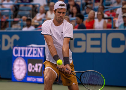 Karen Khachanov hits a backhand during his second round match against Jo-Wilfried Tsonga. — ATP World Tour — ATP World Tour, Tennis, WTA