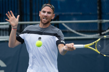 Adrian Mannarino hitting a forehand during his second round match at the Citi Open. — 2019 Citi Open — Citi Open, 2019 Citi Open, Tennis