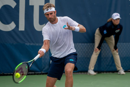 Norbert Gombos hits a forehand during his second round Citi Open match. — 2019 Citi Open — Citi Open, 2019 Citi Open, Tennis