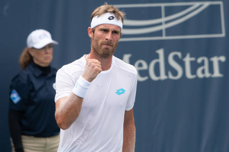 Norbert Gombos reacts to winning a point during his second round Citi Open match. — 2019 Citi Open — Citi Open, 2019 Citi Open, Tennis