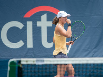 Iga Swiatek reacts to winning the first set during her 2019 Citi Open match. — 2019 Citi Open — Citi Open, 2019 Citi Open, Tennis