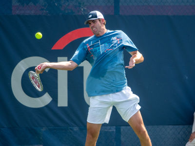 Reilly Opelka hits a forehand during his 2019 Citi Open second round match. — 2019 Citi Open — Citi Open, 2019 Citi Open, Tennis