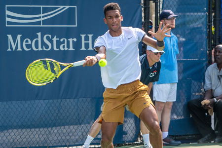 Felix Auger-Aliassime hits  a forehand during his second round match at the Citi Open. — 2019 Citi Open — Citi Open, 2019 Citi Open, Tennis