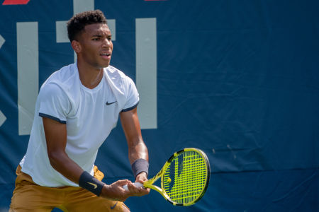 Felix Auger-Aliassime awaits a serve during his second round match at the Citi Open. — 2019 Citi Open — Citi Open, 2019 Citi Open, Tennis