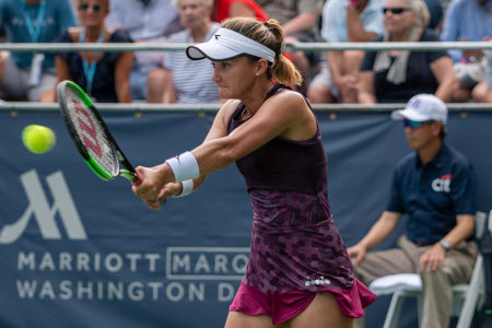Lauren Davis hits a backhand during her second round match at the Citi Open. — 2019 Citi Open — Citi Open, 2019 Citi Open, Tennis