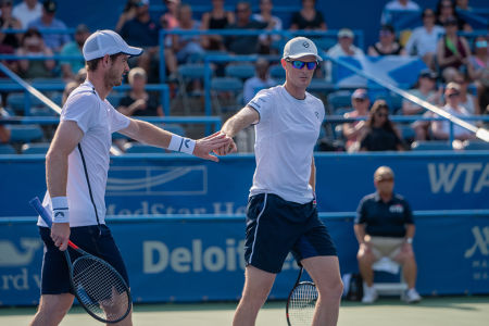 Andy and Jamie Murray react to winning a point during their Citi Open second round match. — 2019 Citi Open — Citi Open, 2019 Citi Open, Tenn