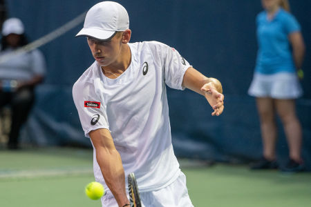 Alex De Minaur hits a backhand slice during his 2019 Citi Open second round match. — 2019 Citi Open — Citi Open, 2019 Citi Open, Tennis