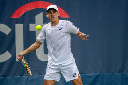 Alex De Minaur hits a forehand during his 2019 Citi Open second round match. — 2019 Citi Open — Citi Open, 2019 Citi Open, Tennis