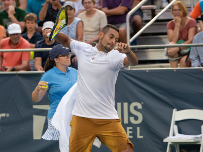 Nick Kyrgios throws his racquet in frustration during his second round US Open match. — 2019 Citi Open — Citi Open, 2019 Citi Open, Tennis