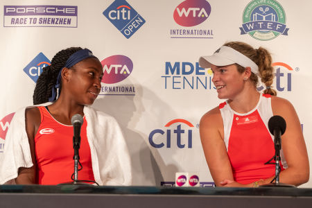 Coco Gauff and Caty McNally react at a press conference after winning their second round doubles match at the Citi Open. — 2019 Citi Open — 