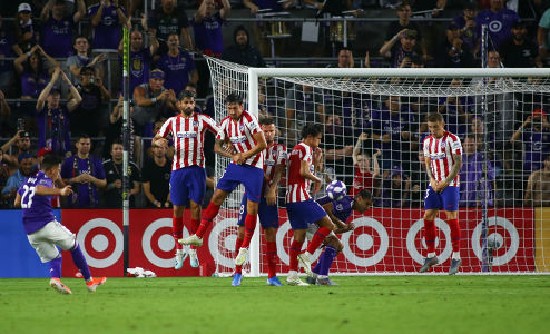 Ezequiel Barco shoots on goal against Athletico Madrid — futbol — MLS, soccer, allstar