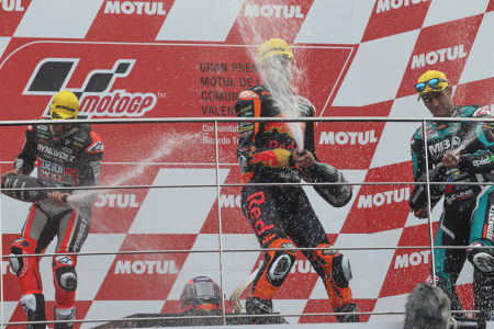 Celebración pódium Moto2, Jorge Navarro, Brad Binder y Thomas Luthi — podium — podium, podio, moto2