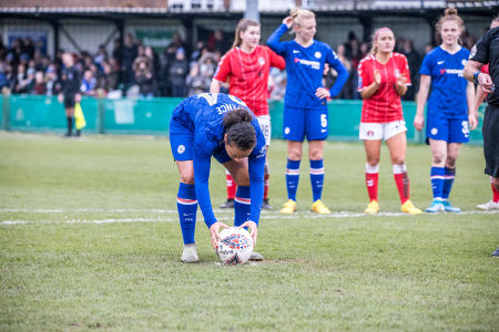 Drew Spence lines up a penalty kick — Chelsea Women — Chelsea Women, Charlton Women, FA Cup