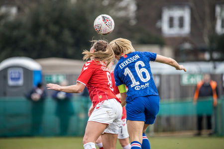 Magdalena Erikson and Charley Clifford challenging for the ball — Charlton Women — Chelsea Women, Charlton Women, FA Cup