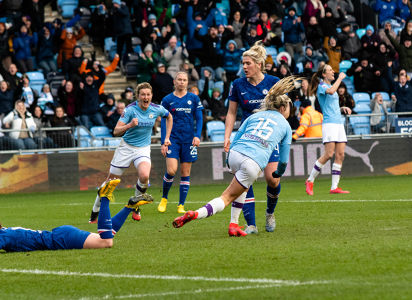 Lauren Hemp runs off in celebration after scoring against Chelsea during Manchester City Women vs Chelsea Women in the 2020 FA Women's Super