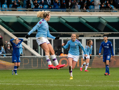 Lauren Hemp celebrates scoring against Chelsea during Manchester City Women vs Chelsea Women in the 2020 FA Women's Super League — Chelsea W