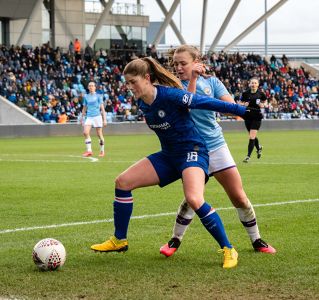Maren Mjelde and Georgia Stanway during Manchester City Women vs Chelsea Women in the 2020 FA Women's Super League — Chelsea Women — Manches