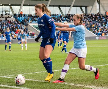 Maren Mjelde and Georgia Stanway during Manchester City Women vs Chelsea Women in the 2020 FA Women's Super League — Chelsea Women — Manches
