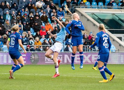 Jill Scott and Maria Thorisdottir battle for a header during Manchester City Women vs Chelsea Women in the 2020 FA Women's Super League — Ch