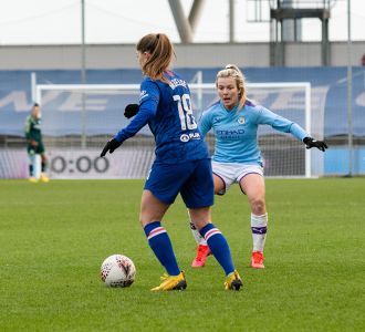 Maren Mjelde and Lauren Hemp during Manchester City Women vs Chelsea Women in the 2020 FA Women's Super League — Chelsea Women — Manchester 