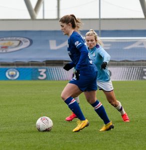 Maren Mjelde and Lauren hemp during Manchester City Women vs Chelsea Women in the 2020 FA Women's Super League — Chelsea Women — Manchester 