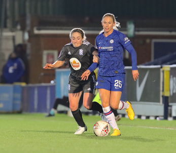Jonna Andersson in a duel with Birmingham City player Brianna Visalli at Kingsmeadow February 12th. — Chelsea Women — Jonna Andersson, Chels