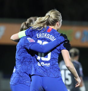Skipper Magda Eriksson celebrates with goal scorer Guro Reiten at Kingsmeadow February 12th playing against Birmingham City. — Chelsea Women
